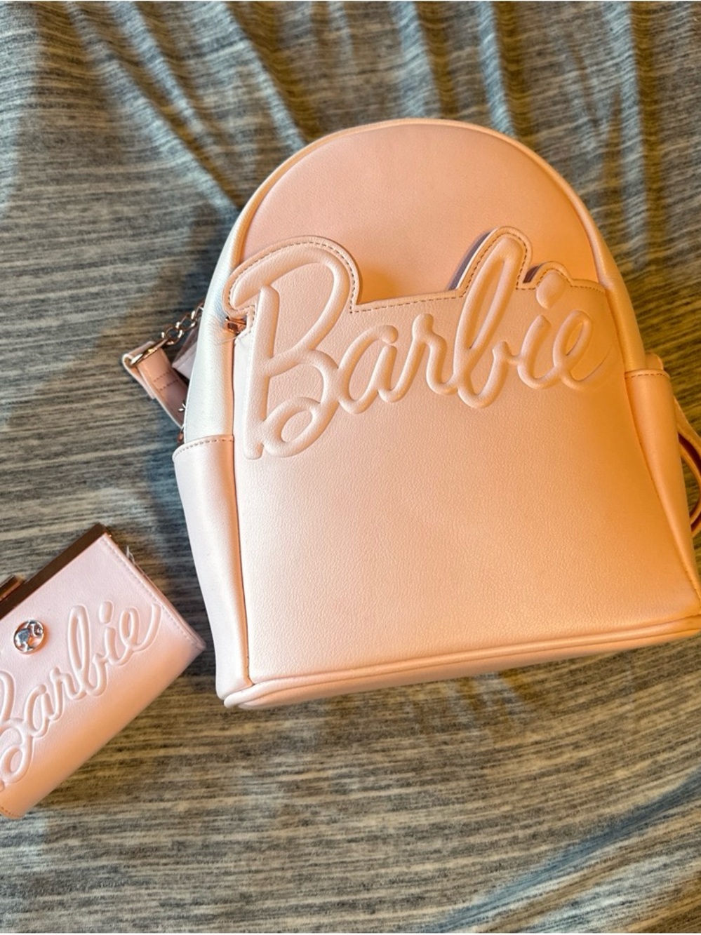 Barbie Light Pink Embossed Logo Mini Backpack and wallet bundle